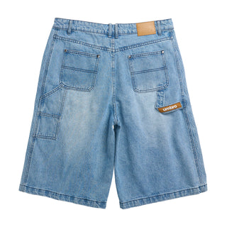 Light blue denim carpenter shorts, pleated waist, front pockets and belt loops