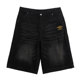 Men's black denim carpenter shorts with front buttons and Umbro logo patch