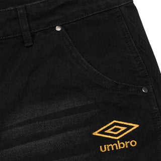 Men's black denim shorts with snap button pocket and Umbro logo embroidery