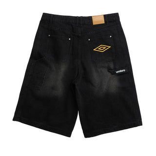 Men's black denim carpenter shorts, front pockets and Umbro logo patch