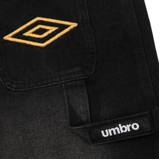 Men's black denim carpenter shorts with Umbro patch on pocket seam