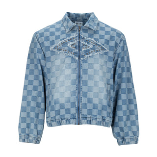 Men's checkered denim jacket, light blue zip-front with collared neckline and studded yoke