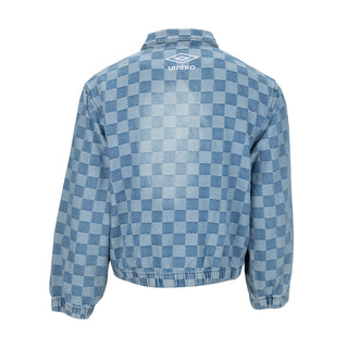 Men's checkered denim jacket in light blue with back Umbro logo and ribbed hem