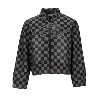 Men's checkered denim jacket, black and gray, front zipper, studded chest panel