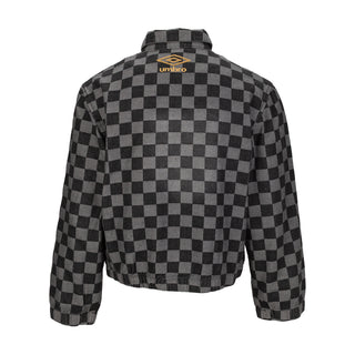 Men's checkered denim jacket by Umbro, black and gray, stand collar, back view
