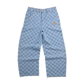 Men's light blue checker denim pants, front flat lay with logo patch