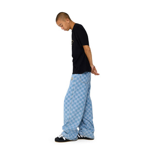 Men's light blue checker denim pants, side view with wide straight leg