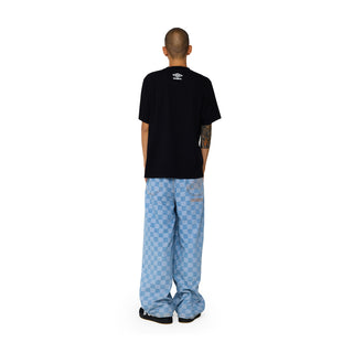Light blue check denim pants with wide legs and button waist