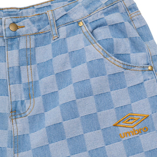 Light blue check denim pocket with orange Umbro logo patch