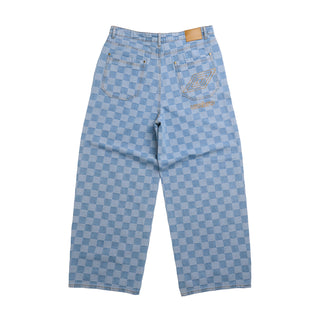 Light blue check denim pants, front view with belt loops and logo detail