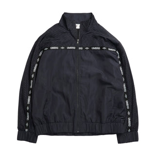 Men's black coaches jacket, full-zip with stand collar and Umbro logo tape sleeves