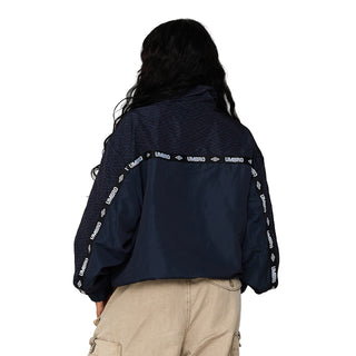 Men's black coaches jacket, back view with Umbro logo tape running down the sleeves
