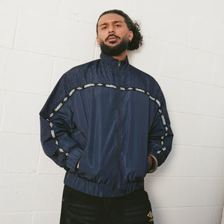 Men's black coaches jacket, stand collar and full-zip with allover Umbro graphic trim