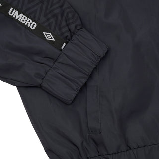 Black coaches jacket sleeve and cuff detail with ribbed hem and quilted insulation panel