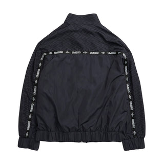 Men's black coaches jacket, back view with Umbro logo tape and ribbed cuffs at hem