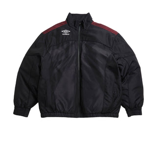 Men's black windbreaker jacket with full-zip front, hood, and maroon stripe accents