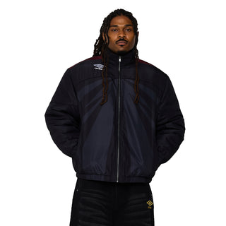 Men's black windbreaker jacket with full-zip, hood, and maroon shoulder stripe detail