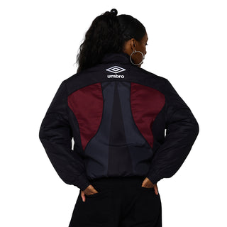 Men's black windbreaker jacket with back vented panel and maroon inset sections