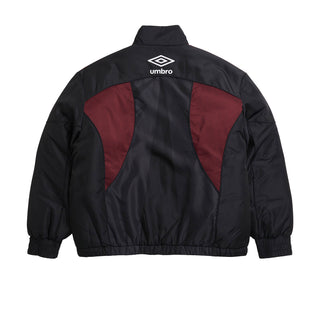 Men's black windbreaker jacket back view with maroon panel inserts