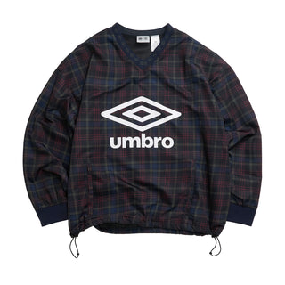 Men's plaid windbreaker with V-neck and Umbro logo, dark navy check with red.