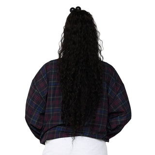 Plaid windbreaker back view, V-neck with ribbed cuffs and drawcord hem, dark check.