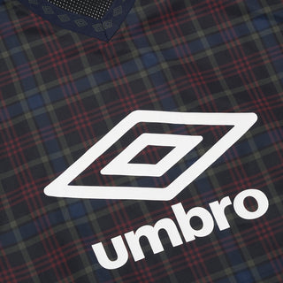 Umbro logo on plaid windbreaker, V-neck style in dark navy, red, and black check.