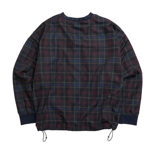 Plaid windbreaker with V-neck, ribbed cuffs and drawcord hem, dark check pattern.