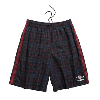 Plaid windbreaker shorts with elastic waistband, navy red black check, Umbro side logo