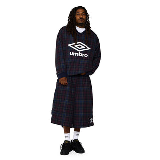 Mens plaid windbreaker shorts with elastic waist, Umbro logo, navy and red check