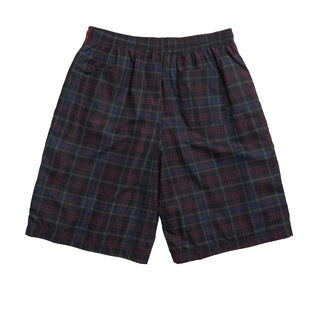 Plaid windbreaker shorts with elastic waistband, navy and red check pattern