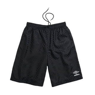 Men's black nylon checkered athletic shorts with elastic waistband