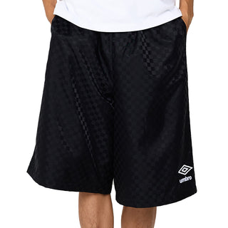 Men's black checkered athletic shorts, Umbro logo at right hem