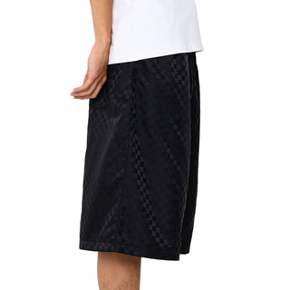 Men's black checkered nylon shorts with side seam detail