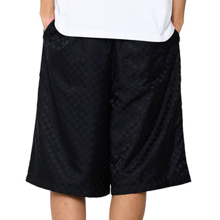 Men's black checkered athletic shorts with Umbro logo on hem