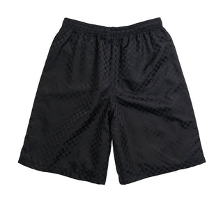 Men's black nylon checkered athletic shorts, front view
