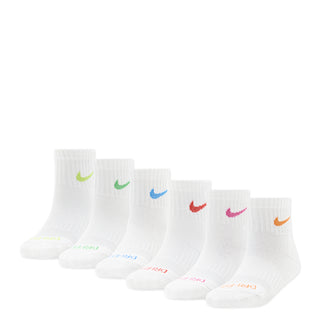 6-pack quarter crew socks, white with multicolor swoosh accents