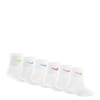 6-pack quarter crew socks, white with multicolor swoosh logos