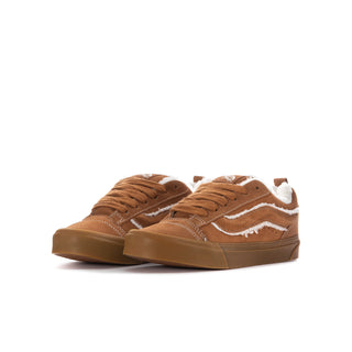Knu Skool youth sneakers, tan/brown suede with white sherpa trim, lace-up, gum sole