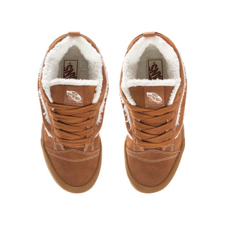 Knu Skool youth sneakers, tan/brown suede with white fleece lining and logo patch