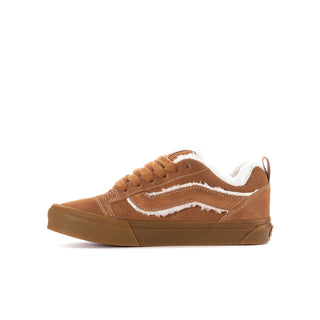 Knu Skool youth sneakers, tan/brown suede, white sherpa detail, low-profile gum sole
