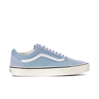 Men's low-top canvas sneakers in soft slate blue with white laces and cream sole