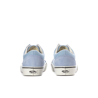 Men's low-top canvas sneakers, heel view, soft slate blue with cream sole