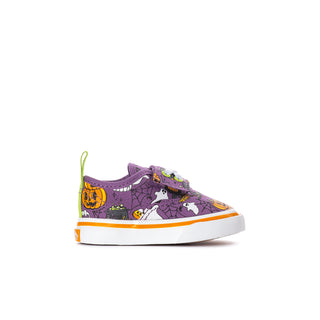 Purple toddler low-top sneakers with Halloween print, neon green laces, orange trim