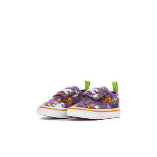 Purple toddler sneakers with Halloween icons pattern, neon green laces, white sole