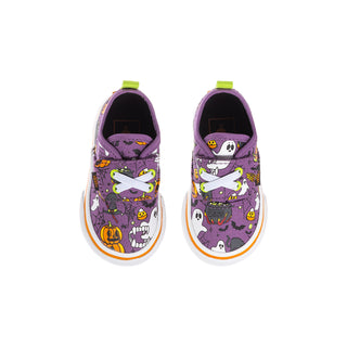 Purple toddler sneakers front view with skeleton and ghost graphic, white outsole