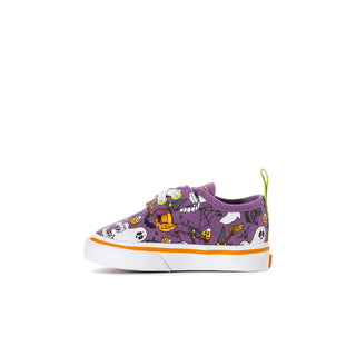 Purple toddler low-top sneakers with Halloween character print and orange side stripe