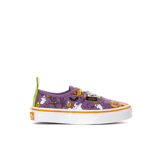 Kids purple sneakers with Halloween character print, neon green accents, and white rubber sole