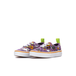 Kids purple Halloween sneakers, side view with neon green pull tab and white sole