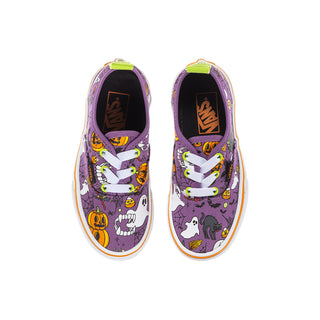 Kids purple Halloween sneakers, front view with white laces and neon green heel tabs