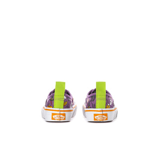 Kids purple Halloween sneakers, back view with neon green pull tabs and white midsole